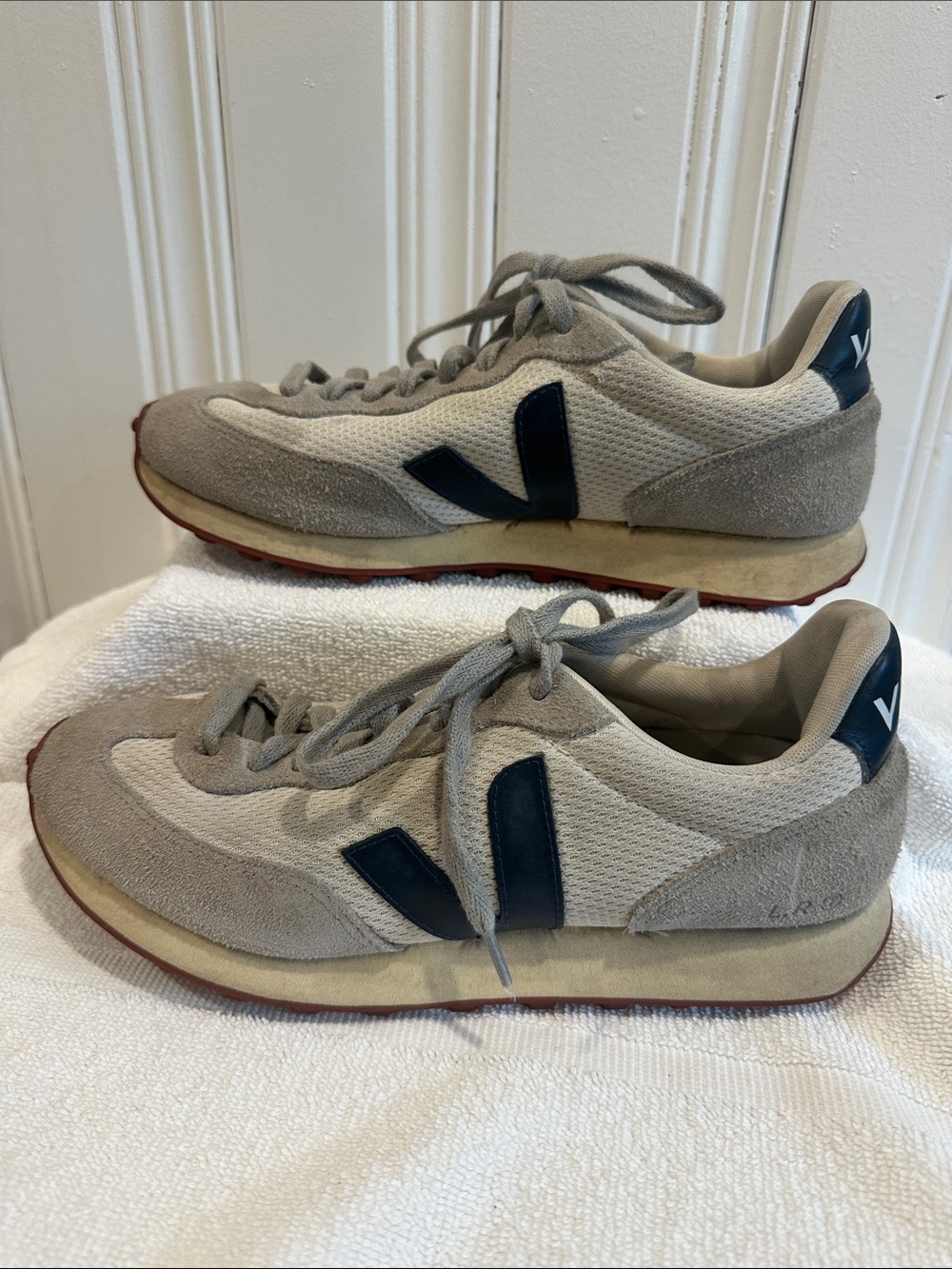 Veja Beige and Navy Suede-Trim Sneakers